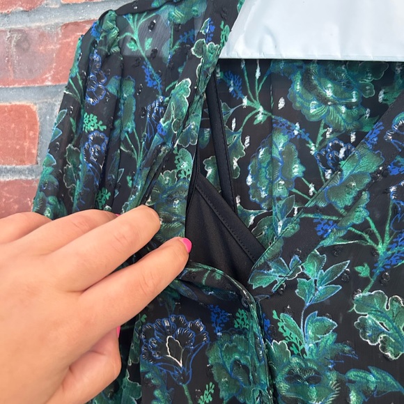 Torrid Size 1 Maxi Chiffon Clip Dot Pleated Black Dress with Green & Navy Floral - Picture 4 of 7